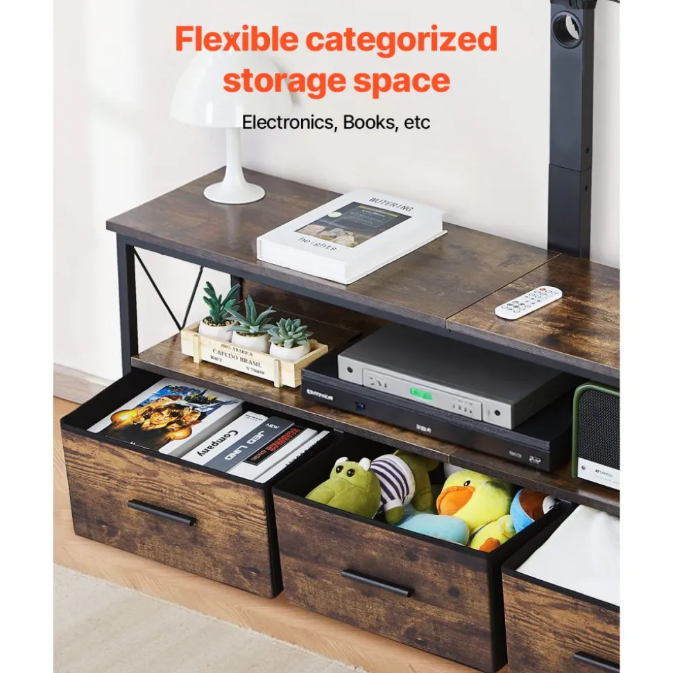 VEVOR 52" TV Stand with Mount for up to 75 in TVs, Entertainment Center with Power Outlet & LED Lights, Height Adjustable TV Console with Mount with 3 Drawers for Bedroom, Living Room, Brown