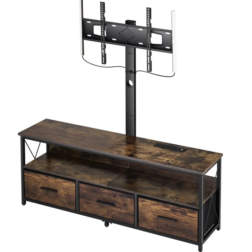 VEVOR 52" TV Stand with Mount for up to 75 in TVs, Entertainment Center with Power Outlet & LED Lights, Height Adjustable TV Console with Mount with 3 Drawers for Bedroom, Living Room, Brown