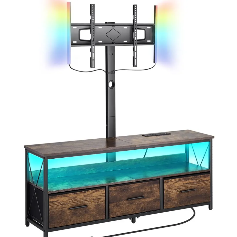 VEVOR 52" TV Stand with Mount for up to 75 in TVs, Entertainment Center with Power Outlet & LED Lights, Height Adjustable TV Console with Mount with 3 Drawers for Bedroom, Living Room, Brown