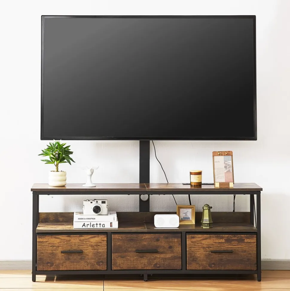 VEVOR 52" TV Stand with Mount for up to 75 in TVs, Entertainment Center with Power Outlet & LED Lights, Height Adjustable TV Console with Mount with 3 Drawers for Bedroom, Living Room, Brown
