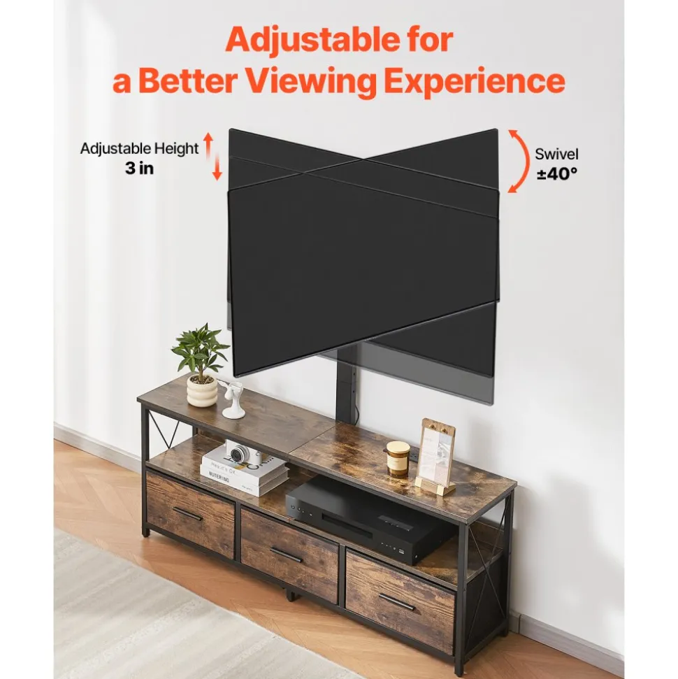 VEVOR 52" TV Stand with Mount for up to 75 in TVs, Entertainment Center with Power Outlet & LED Lights, Height Adjustable TV Console with Mount with 3 Drawers for Bedroom, Living Room, Brown