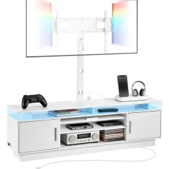 VEVOR TV Stand with Mount, 59.1 Inch, Swivel TV Stand Console with Power Outlet, for 32-75 Inch TVs, Height Adjustable Modern Entertainment Center with Storage & LED Lights, for Living Room, White