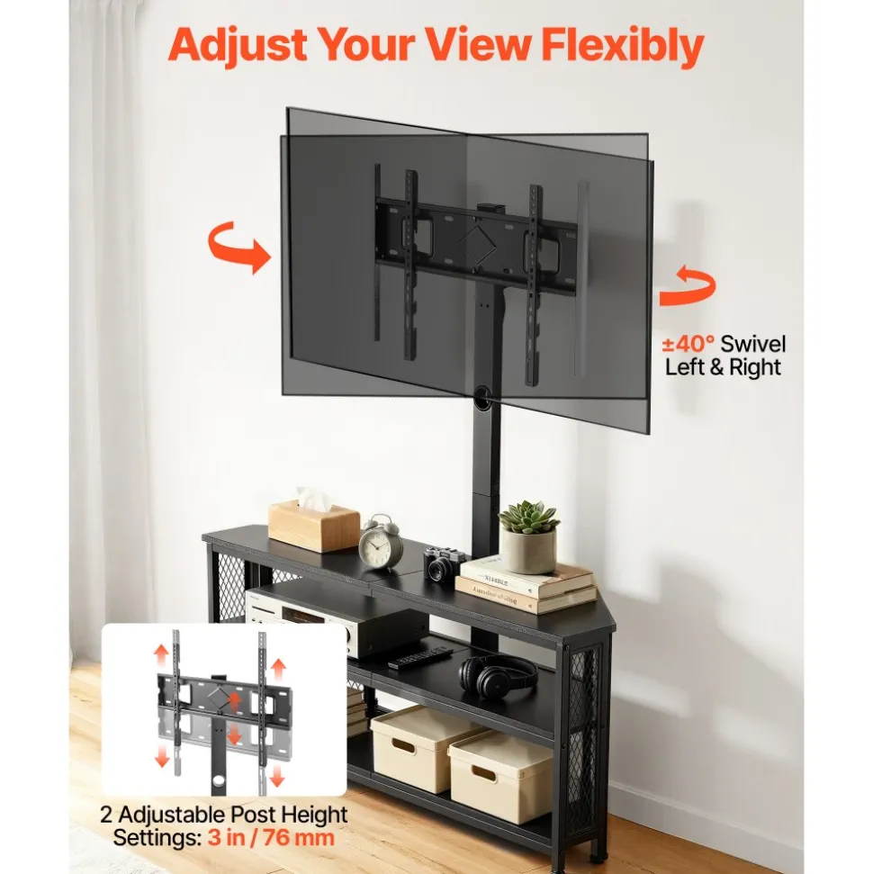 VEVOR TV Stand with Mount, 45.3 Inch, Corner TV Stand Console with Power Outlet, for 32-75 Inch TVs, Height Adjustable Swivel Entertainment Center with Storage & LED Lights, for Living Room, Black