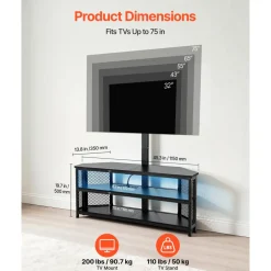 VEVOR TV Stand with Mount, 45.3 Inch, Corner TV Stand Console with Power Outlet, for 32-75 Inch TVs, Height Adjustable Swivel Entertainment Center with Storage & LED Lights, for Living Room, Black
