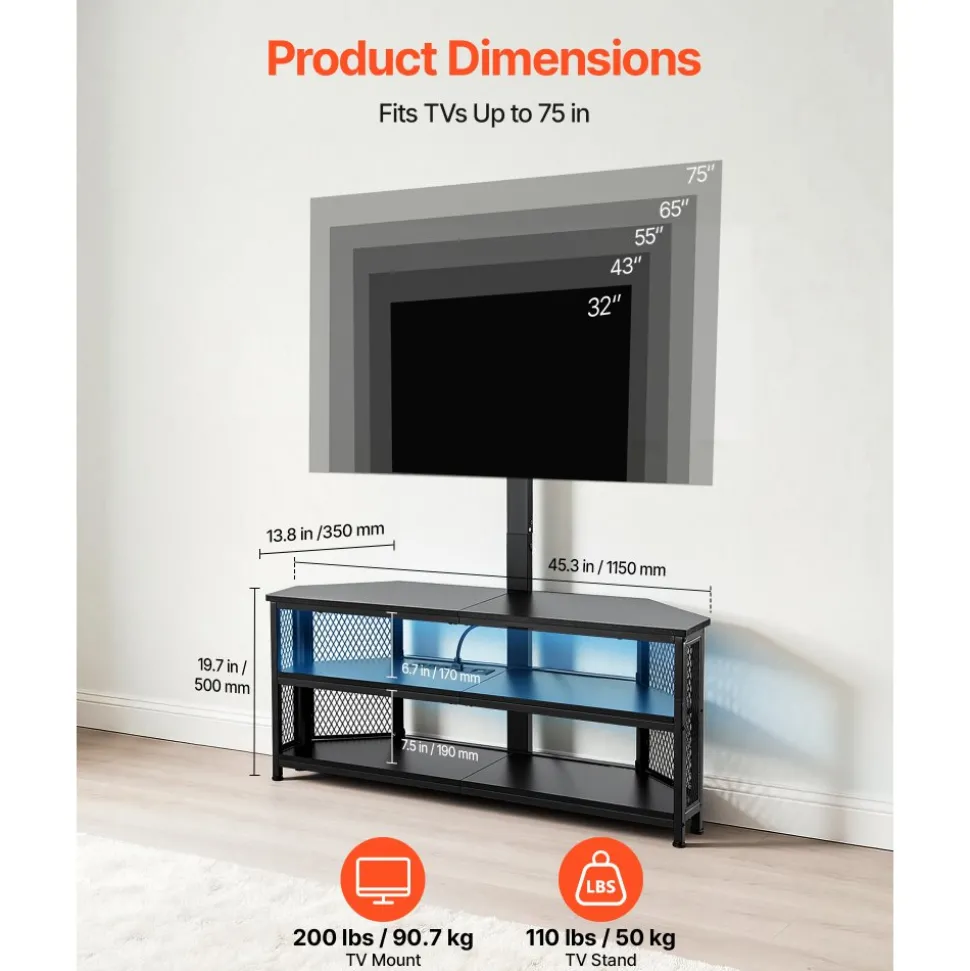 VEVOR TV Stand with Mount, 45.3 Inch, Corner TV Stand Console with Power Outlet, for 32-75 Inch TVs, Height Adjustable Swivel Entertainment Center with Storage & LED Lights, for Living Room, Black