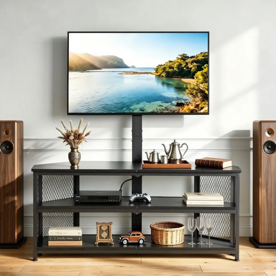 VEVOR TV Stand with Mount, 45.3 Inch, Corner TV Stand Console with Power Outlet, for 32-75 Inch TVs, Height Adjustable Swivel Entertainment Center with Storage & LED Lights, for Living Room, Black