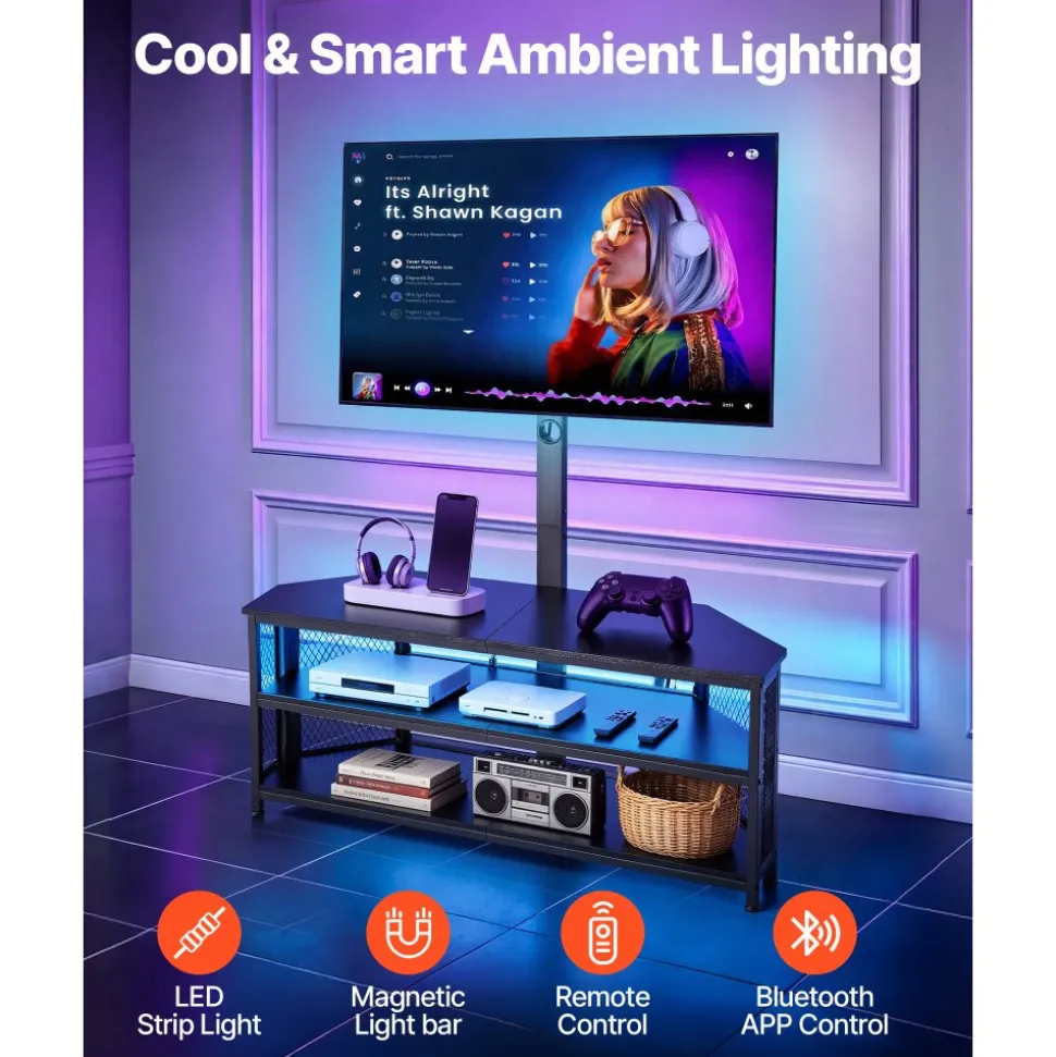 VEVOR TV Stand with Mount, 45.3 Inch, Corner TV Stand Console with Power Outlet, for 32-75 Inch TVs, Height Adjustable Swivel Entertainment Center with Storage & LED Lights, for Living Room, Black