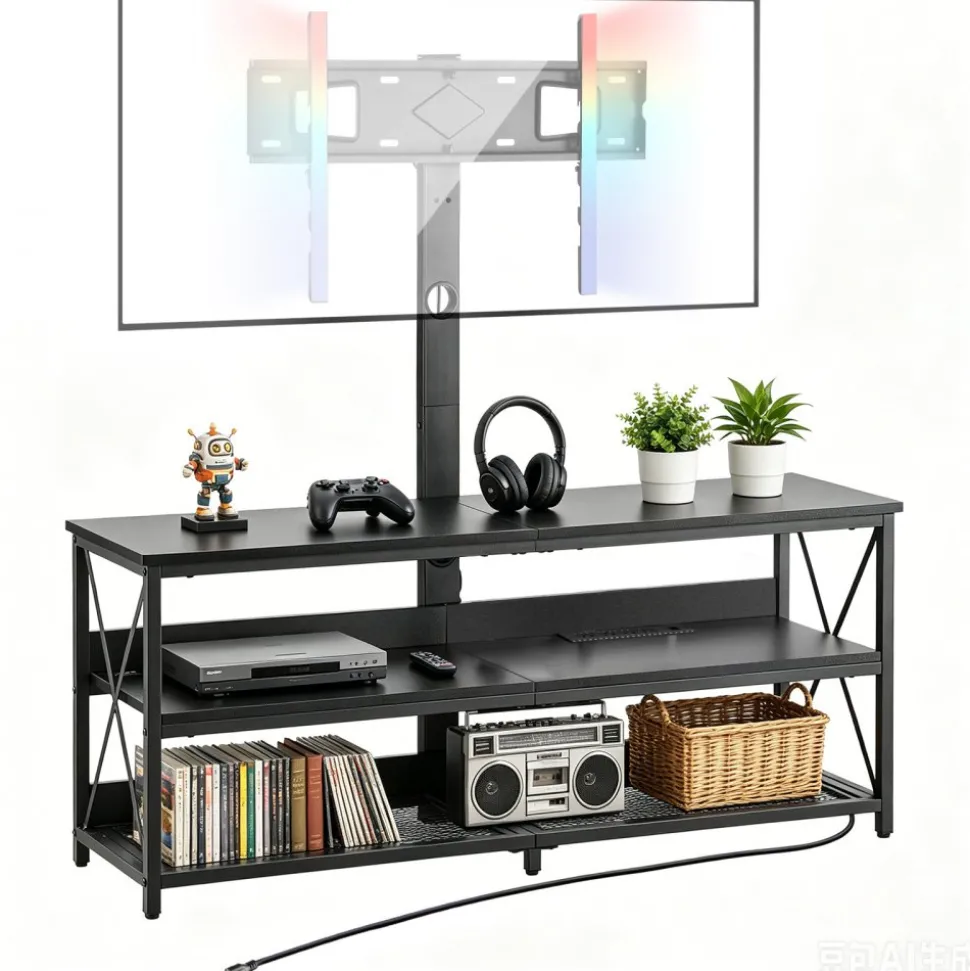 VEVOR TV Stand with Mount, 47.2 Inch, TV Stand Console with Power Outlet, for 32-75 Inch TVs, Height Adjustable Swivel Entertainment Center with Open Storage Shelf, for Living Room Bedroom, Black