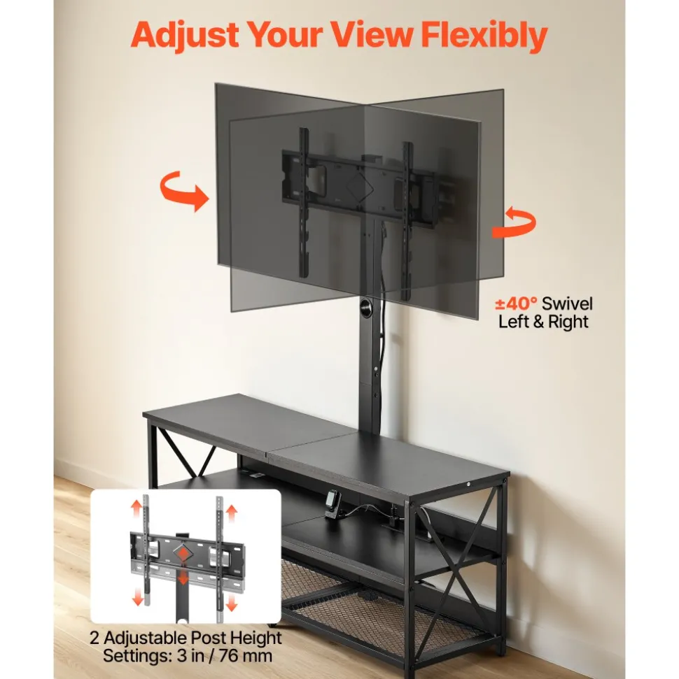 VEVOR TV Stand with Mount, 47.2 Inch, TV Stand Console with Power Outlet, for 32-75 Inch TVs, Height Adjustable Swivel Entertainment Center with Open Storage Shelf, for Living Room Bedroom, Black