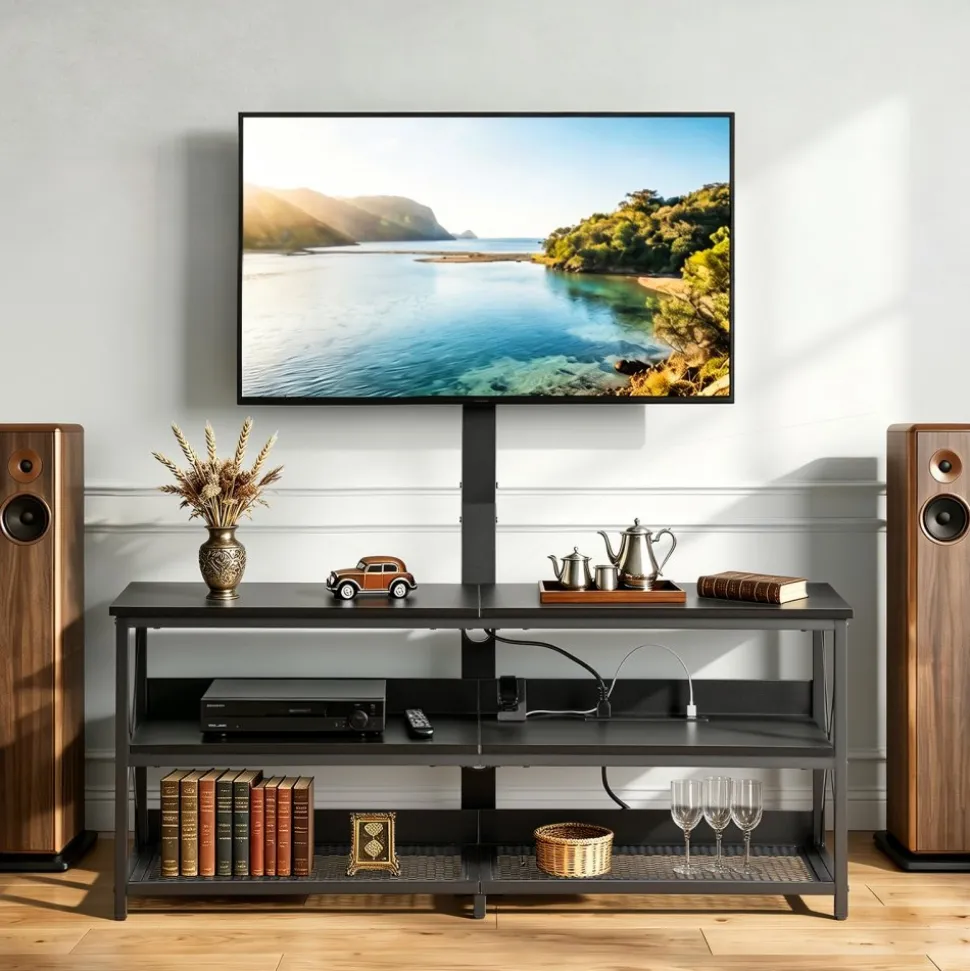 VEVOR TV Stand with Mount, 47.2 Inch, TV Stand Console with Power Outlet, for 32-75 Inch TVs, Height Adjustable Swivel Entertainment Center with Open Storage Shelf, for Living Room Bedroom, Black