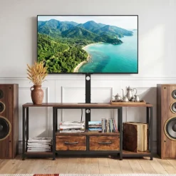 VEVOR TV Stand with Mount, 47.2 Inch, TV Stand Console with Power Outlet & Storage Drawers, for 32-75 Inch TVs, Height Adjustable Entertainment Center with LED Lights, for Living Room, Rustic Brown