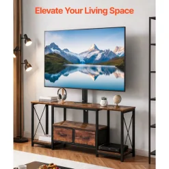 VEVOR TV Stand with Mount, 47.2 Inch, TV Stand Console with Power Outlet & Storage Drawers, for 32-75 Inch TVs, Height Adjustable Entertainment Center with LED Lights, for Living Room, Rustic Brown