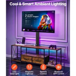 VEVOR TV Stand with Mount, 47.2 Inch, TV Stand Console with Power Outlet & Storage Drawers, for 32-75 Inch TVs, Height Adjustable Entertainment Center with LED Lights, for Living Room, Rustic Brown