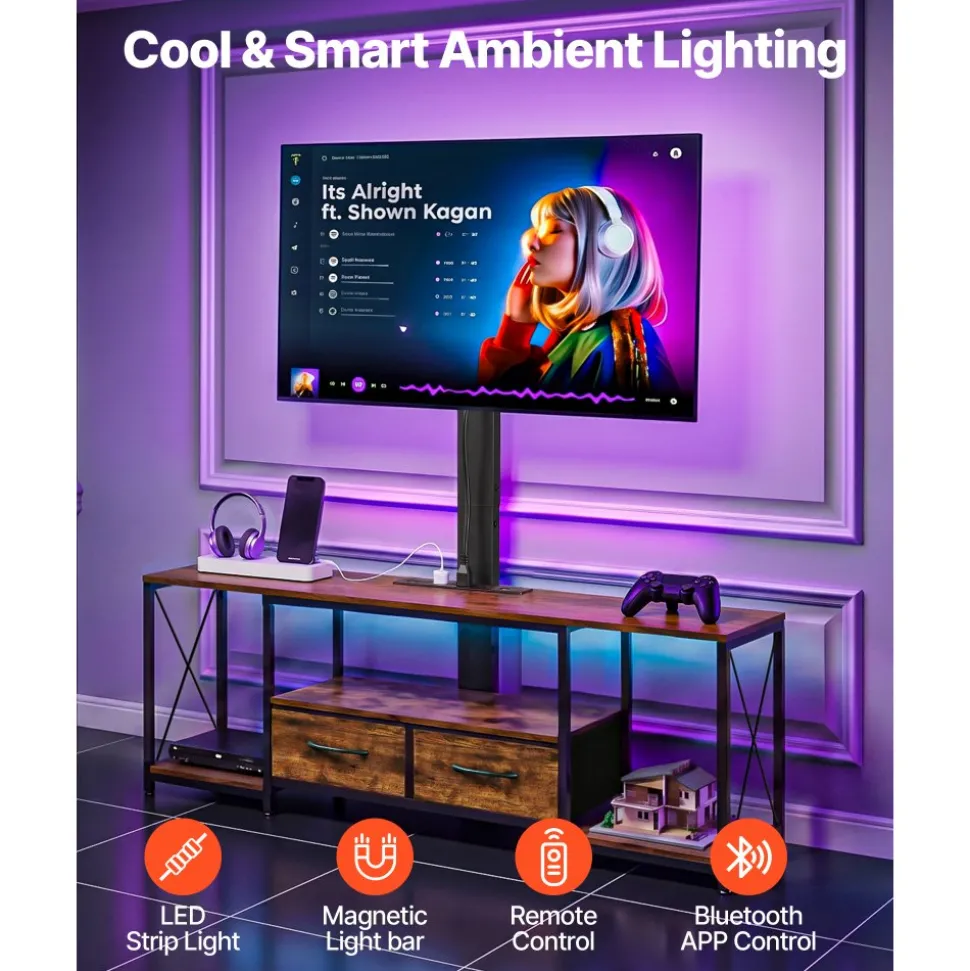 VEVOR TV Stand with Mount, 47.2 Inch, TV Stand Console with Power Outlet & Storage Drawers, for 32-75 Inch TVs, Height Adjustable Entertainment Center with LED Lights, for Living Room, Rustic Brown