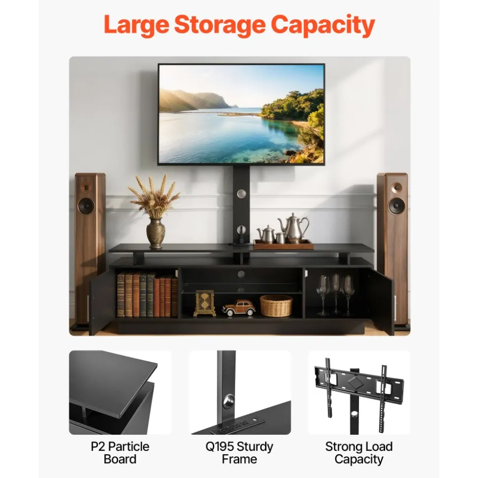 VEVOR TV Stand with Mount, 59.1 Inch, Swivel TV Stand Console with Power Outlet, for 32-75 Inch TVs, Height Adjustable Modern Entertainment Center with Storage & LED Lights, for Living Room, Black