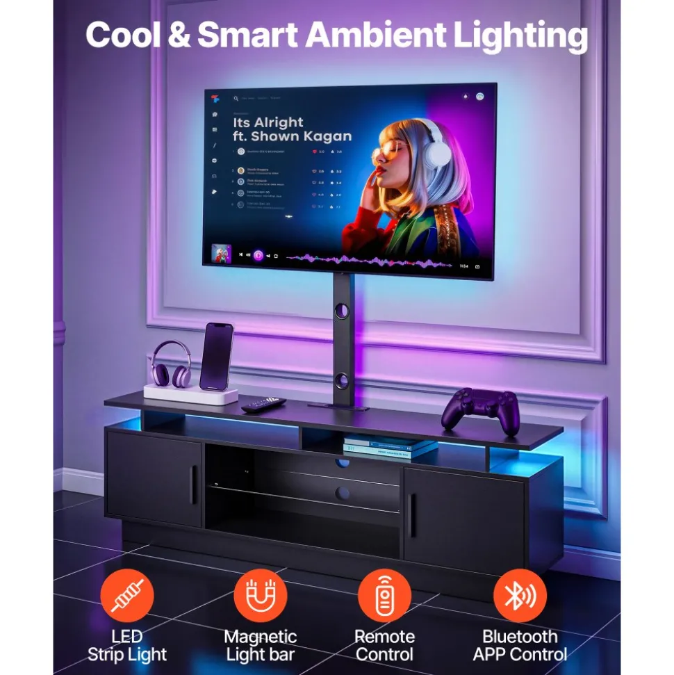 VEVOR TV Stand with Mount, 59.1 Inch, Swivel TV Stand Console with Power Outlet, for 32-75 Inch TVs, Height Adjustable Modern Entertainment Center with Storage & LED Lights, for Living Room, Black