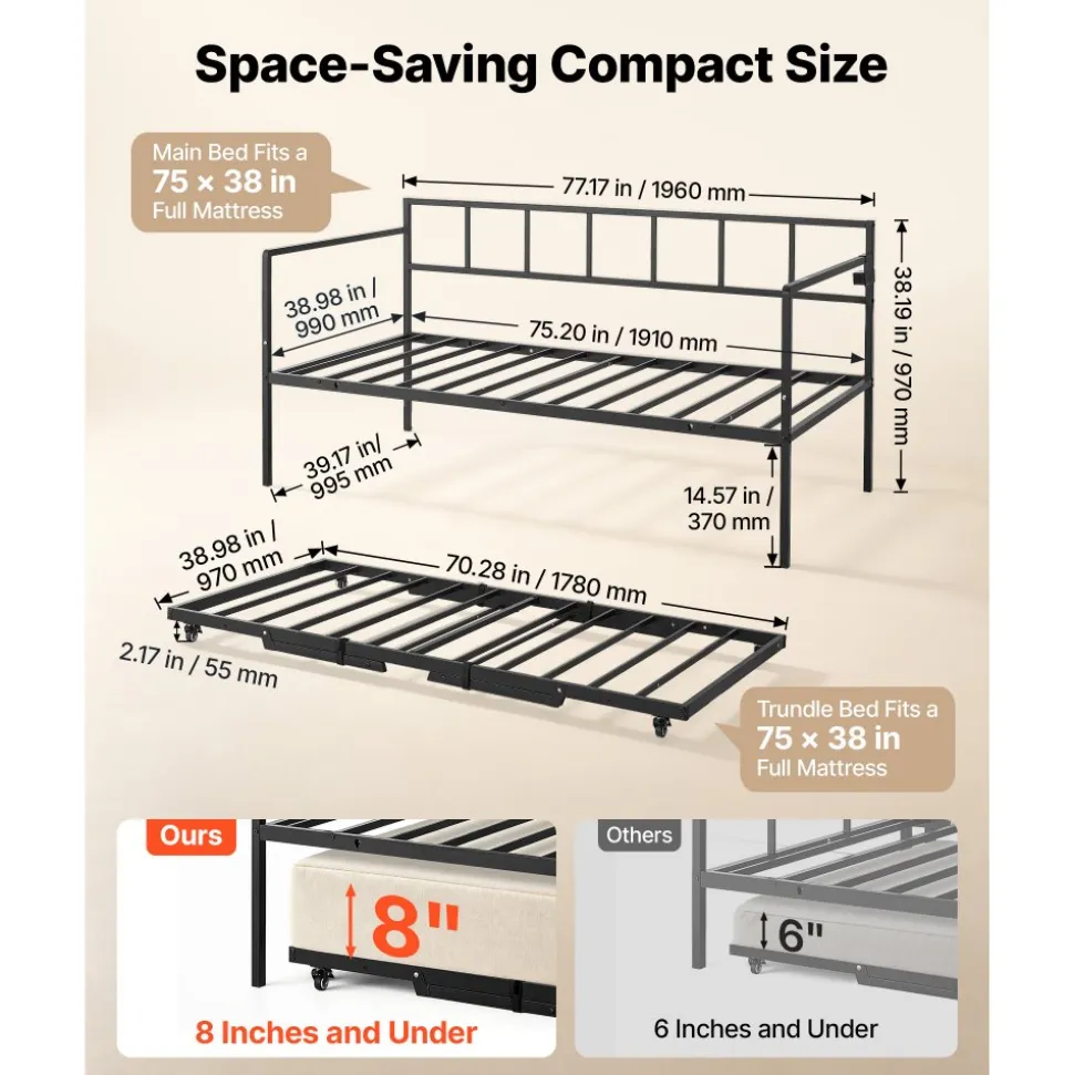 VEVOR Twin Daybed with Pop Up Trundle Metal Charging Station LED Light, for Living Room Bedroom Guest Room, Heavy Duty Twin Size Sofa Day Bed Frame, Height Adjustable, with Lockable Casters, Black