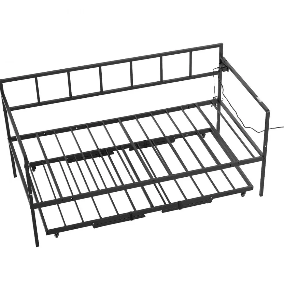 VEVOR Twin Daybed with Pop Up Trundle Metal Charging Station LED Light, for Living Room Bedroom Guest Room, Heavy Duty Twin Size Sofa Day Bed Frame, Height Adjustable, with Lockable Casters, Black