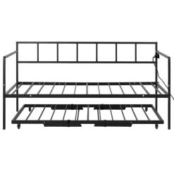 VEVOR Twin Daybed with Pop Up Trundle Metal Charging Station LED Light, for Living Room Bedroom Guest Room, Heavy Duty Twin Size Sofa Day Bed Frame, Height Adjustable, with Lockable Casters, Black