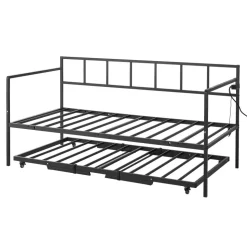 VEVOR Twin Daybed with Pop Up Trundle Metal Charging Station LED Light, for Living Room Bedroom Guest Room, Heavy Duty Twin Size Sofa Day Bed Frame, Height Adjustable, with Lockable Casters, Black