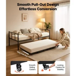 VEVOR Twin Daybed with Pop Up Trundle Metal Twin Daybed Frame Rectangular, for Living Room Bedroom Guest Room, Space Saving, Heavy-Duty Metal Sofa Bed Support, 2 Lockable Casters, Easy Assembly, Black