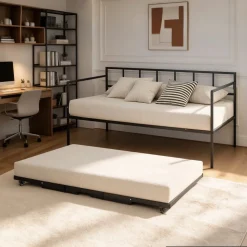 VEVOR Twin Daybed with Pop Up Trundle Metal Twin Day Bed Frame Pull Out, for Living Room Bedroom Guest Room, Space Saving, Heavy-Duty Metal Sofa Bed Support, Lockable Casters, Easy Assembly, Black