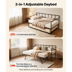 VEVOR Twin Daybed with Pop Up Trundle Metal Twin Day Bed Frame Pull Out, for Living Room Bedroom Guest Room, Space Saving, Heavy-Duty Metal Sofa Bed Support, Lockable Casters, Easy Assembly, Black