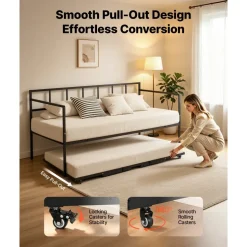 VEVOR Twin Daybed with Pop Up Trundle Metal Twin Day Bed Frame Pull Out, for Living Room Bedroom Guest Room, Space Saving, Heavy-Duty Metal Sofa Bed Support, Lockable Casters, Easy Assembly, Black