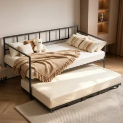 VEVOR Twin Daybed with Pop Up Trundle Metal Twin Day Bed Frame Pull Out, for Living Room Bedroom Guest Room, Space Saving, Heavy-Duty Metal Sofa Bed Support, Lockable Casters, Easy Assembly, Black