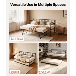 VEVOR Twin Daybed with Pop Up Trundle Metal Twin Day Bed Frame Pull Out, for Living Room Bedroom Guest Room, Space Saving, Heavy-Duty Metal Sofa Bed Support, Lockable Casters, Easy Assembly, Black