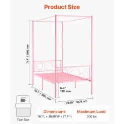VEVOR Twin Size Canopy Bed Frame, Metal Canopy Bed with Minimalist Headboard & Four Posters Design, Heavy Duty Steel Slats Support, Underbed Storage Space, No Box Spring Needed, Easy Assembly, Pink