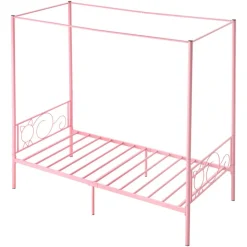VEVOR Twin Size Canopy Bed Frame, Metal Canopy Bed with Minimalist Headboard & Four Posters Design, Heavy Duty Steel Slats Support, Underbed Storage Space, No Box Spring Needed, Easy Assembly, Pink