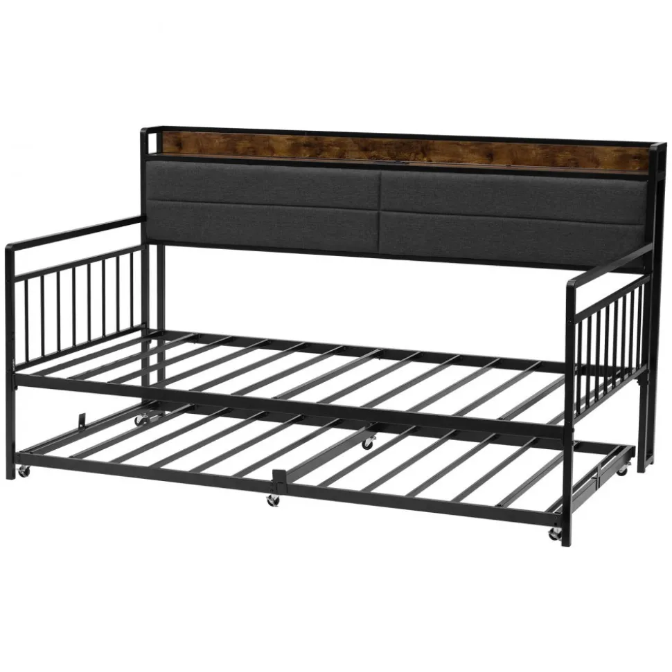 VEVOR Twin Size Daybed Frame, Day Bed with Trundle, Heavy Duty Metal Platform Bed Frame with Charging Station, Twin Daybed with Metal Slats Support for Living Room, Bedroom, Guest Room, Easy Assembly