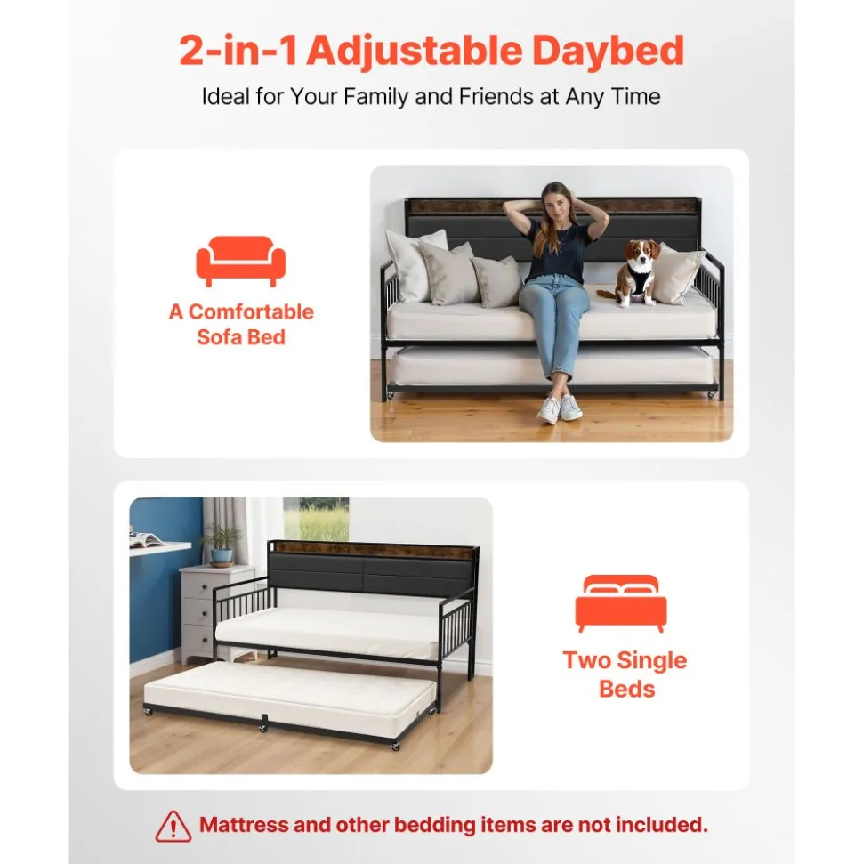 VEVOR Twin Size Daybed Frame, Day Bed with Trundle, Heavy Duty Metal Platform Bed Frame with Charging Station, Twin Daybed with Metal Slats Support for Living Room, Bedroom, Guest Room, Easy Assembly