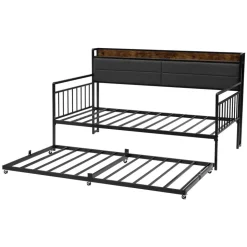 VEVOR Twin Size Daybed Frame, Day Bed with Trundle, Heavy Duty Metal Platform Bed Frame with Charging Station, Twin Daybed with Metal Slats Support for Living Room, Bedroom, Guest Room, Easy Assembly