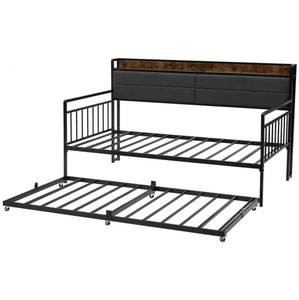 VEVOR Twin Size Daybed Frame, Day Bed with Trundle, Heavy Duty Metal Platform Bed Frame with Charging Station, Twin Daybed with Metal Slats Support for Living Room, Bedroom, Guest Room, Easy Assembly