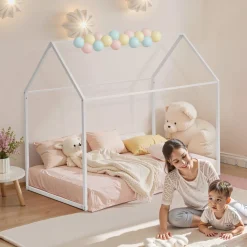 VEVOR Twin Size House Bed Frame, Metal Kids Floor Bed Frame with Roof, Heavy Duty Steel Slats Support, House Shape Bedframe for Girls and Boys, No Box Spring Needed, Easy Assembly, White