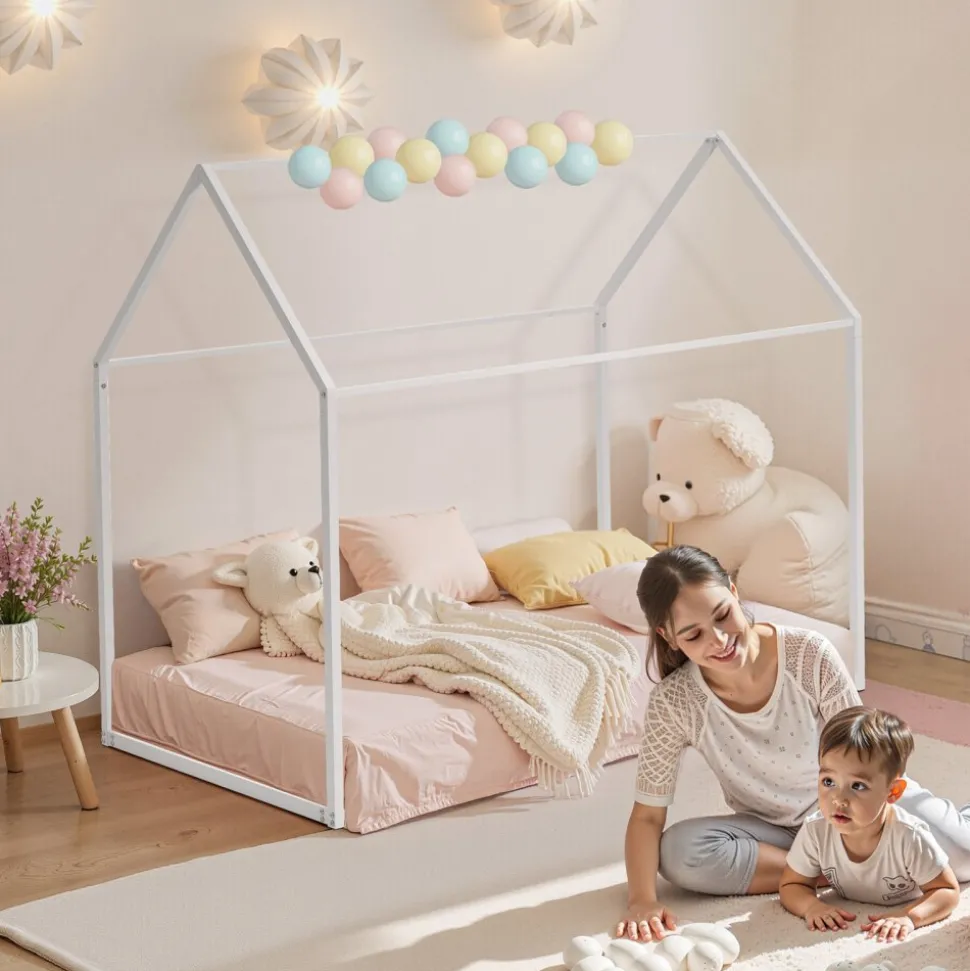 VEVOR Twin Size House Bed Frame, Metal Kids Floor Bed Frame with Roof, Heavy Duty Steel Slats Support, House Shape Bedframe for Girls and Boys, No Box Spring Needed, Easy Assembly, White