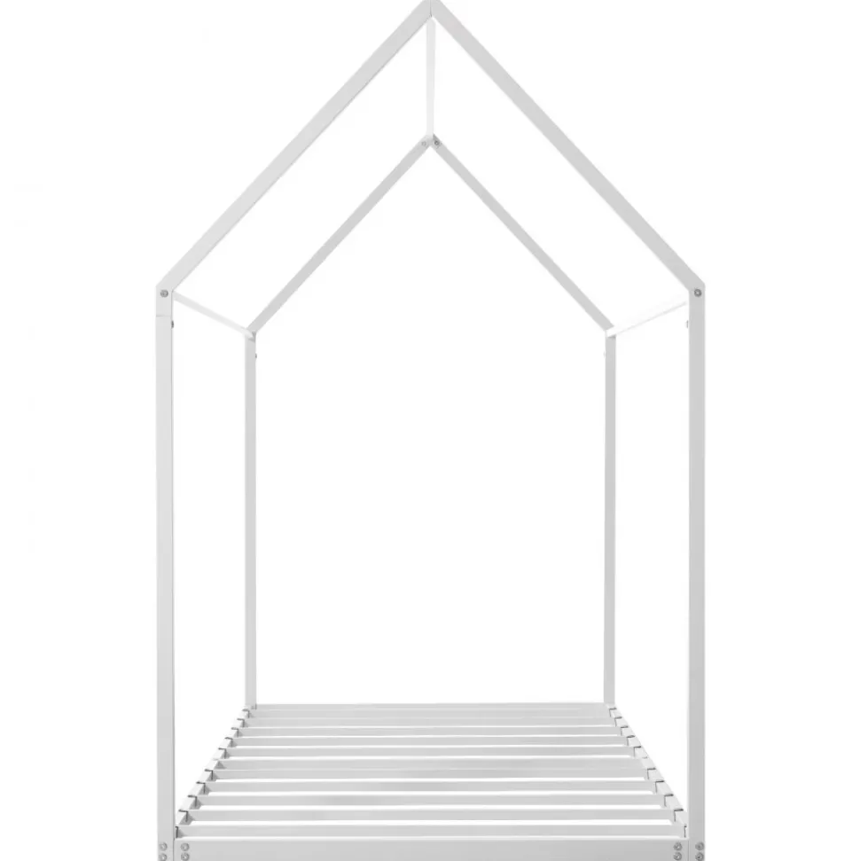 VEVOR Twin Size House Bed Frame, Metal Kids Floor Bed Frame with Roof, Heavy Duty Steel Slats Support, House Shape Bedframe for Girls and Boys, No Box Spring Needed, Easy Assembly, White
