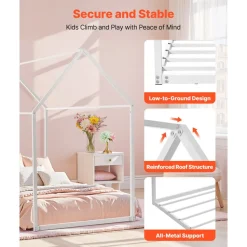 VEVOR Twin Size House Bed Frame, Metal Kids Floor Bed Frame with Roof, Heavy Duty Steel Slats Support, House Shape Bedframe for Girls and Boys, No Box Spring Needed, Easy Assembly, White