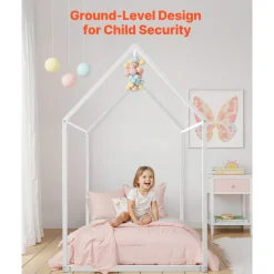 VEVOR Twin Size House Bed Frame, Metal Kids Floor Bed Frame with Roof, Heavy Duty Steel Slats Support, House Shape Bedframe for Girls and Boys, No Box Spring Needed, Easy Assembly, White