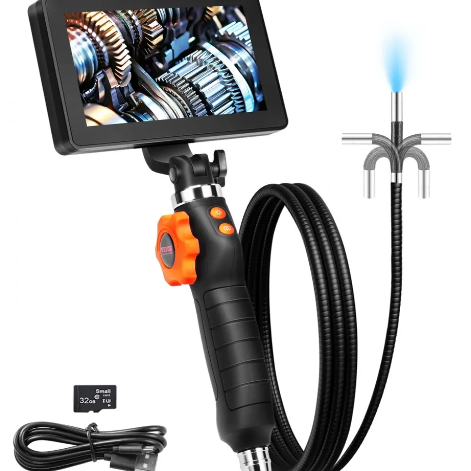 VEVOR Two-Way Articulating Borescope with Light, Inspection Camera with 0.25" Lens, 5" IPS HD Screen, Flexible Mechanic Fiber Optic Snake Scope Cam for Wall Automotive Engine Inspect-4.9FT