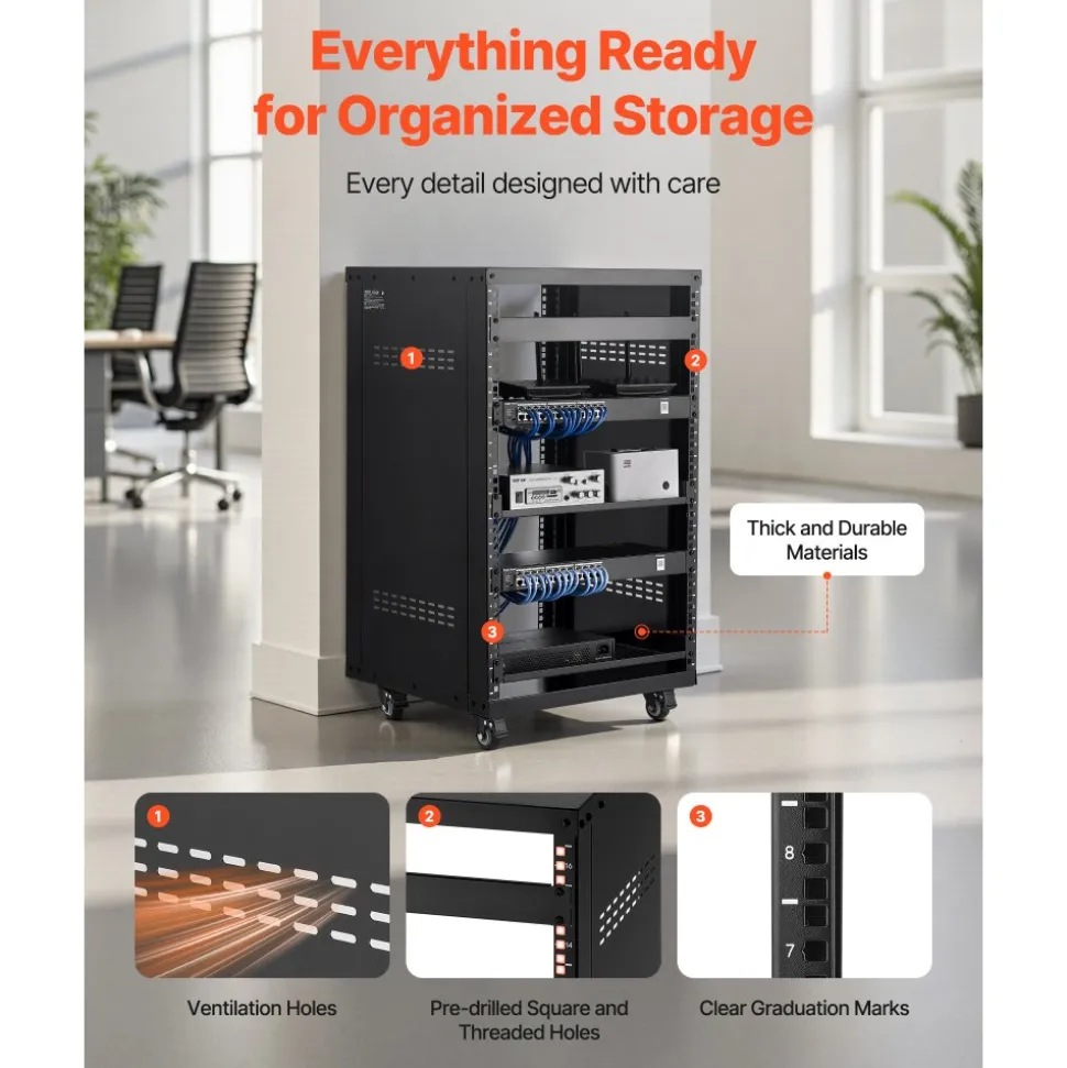 VEVOR 16U AV Rack, 200 lbs Max Capacity, Home Recording Studio Rack with Lockable Caster Wheels, Open Frame Server Cabinet, Special Vent Design, for 19-Inch Audio Video Musical & IT Equipment Mounting
