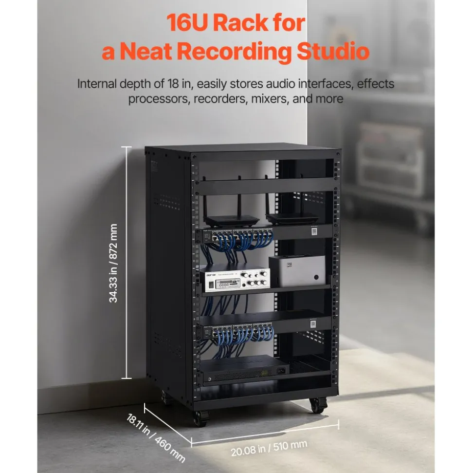 VEVOR 16U AV Rack, 200 lbs Max Capacity, Home Recording Studio Rack with Lockable Caster Wheels, Open Frame Server Cabinet, Special Vent Design, for 19-Inch Audio Video Musical & IT Equipment Mounting