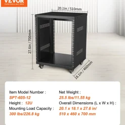 VEVOR 12U AV Rack Stand, 300 lbs Capacity, Network Stereo Recording Studio Rack with Lockable Caster Wheels Round & Square Holes, Special Vents for 19