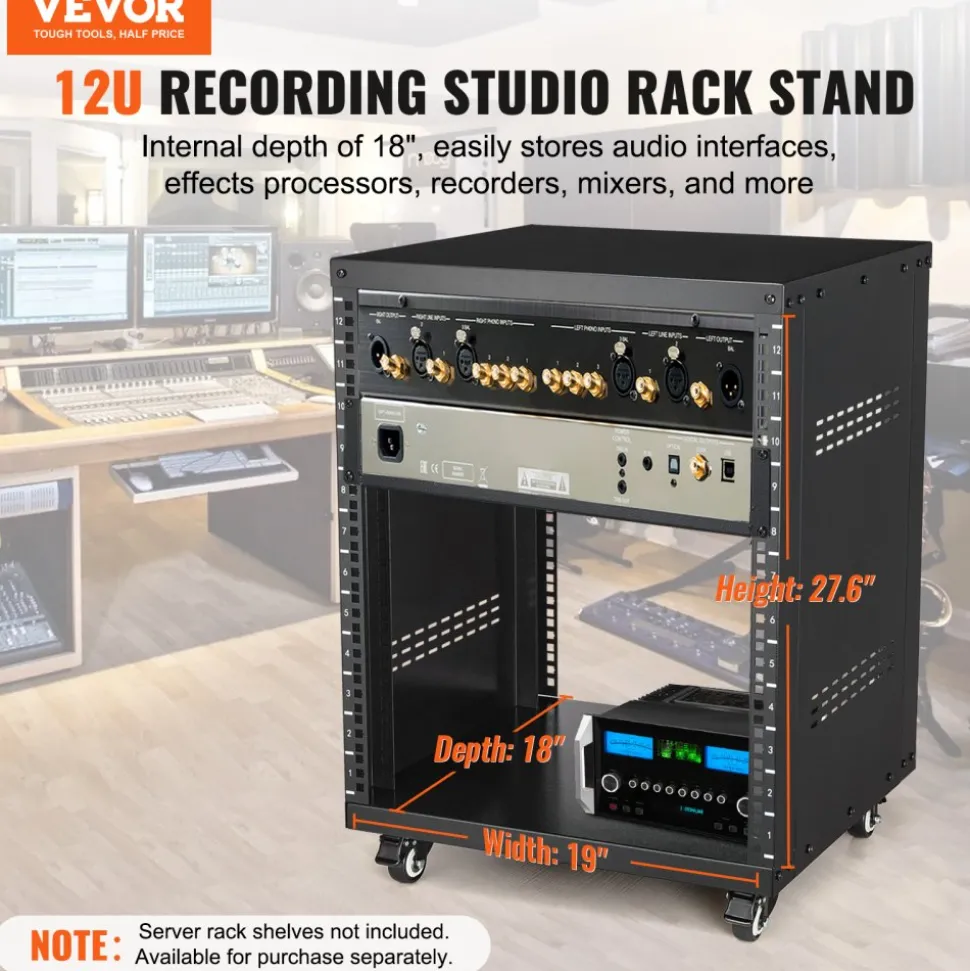VEVOR 12U AV Rack Stand, 300 lbs Capacity, Network Stereo Recording Studio Rack with Lockable Caster Wheels Round & Square Holes, Special Vents for 19" Audio Video Musical & IT Equipment Mounting