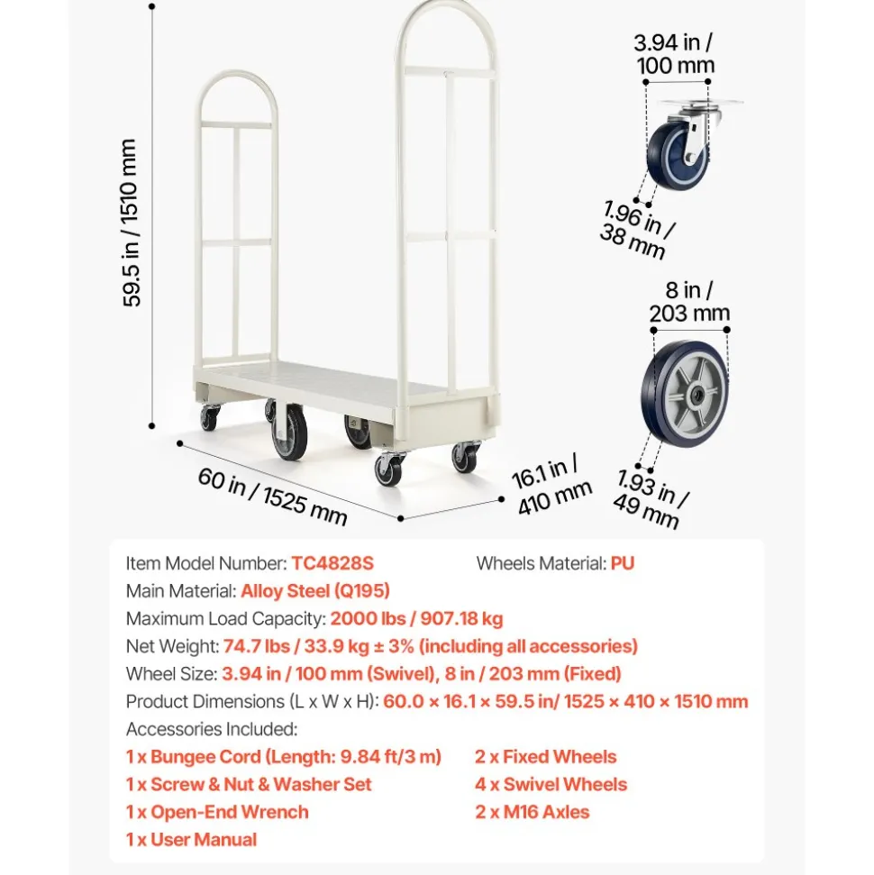 VEVOR U-Boat Platform Truck Dolly, 2000 lbs Load Capacity, Heavy Duty Steel Utility Cart, Industrial Hand Push Truck with Six Wheels and Dual Detachable Handles, for Warehouse, 60 x 16.1 x 59.5 in