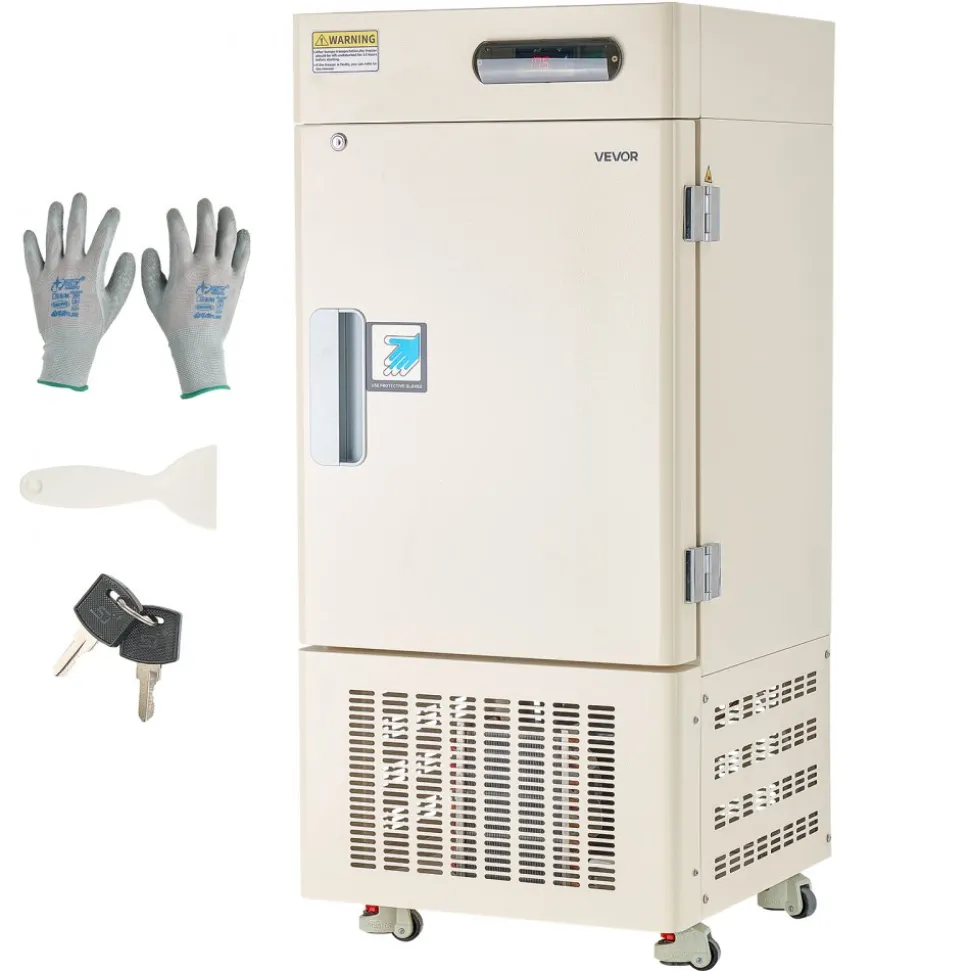 VEVOR Ultra Low Temperature Freezer, 28 L, −40℉ to −123℉ Adjustable Temp Range, with Rollers and Digital Display, 304 Stainless Steel Liner, Low Temperature Lab Freezer for Laboratory Samples Storage