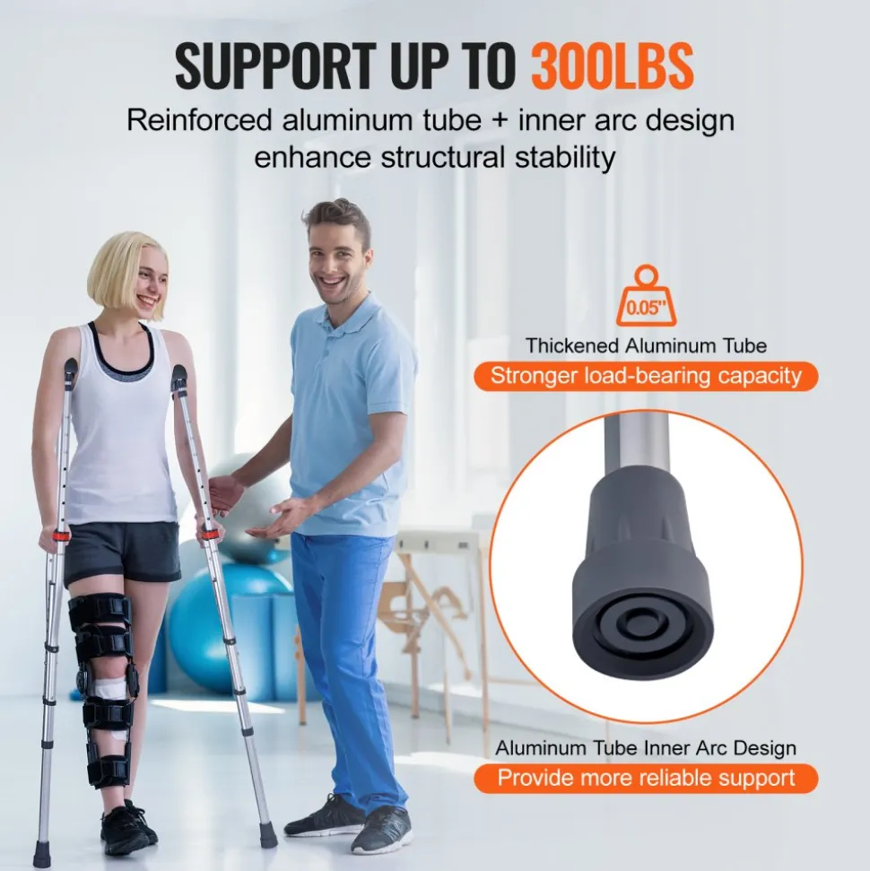 VEVOR Underarm Crutches, 13-Level Height Adjustable Underarm Walking Crutches, Lightweight Aluminum Crutches for Adults Teenager - with Soft Underarm Pad for Leg Injury Surgery Disabled, 1 Pair 300LBS