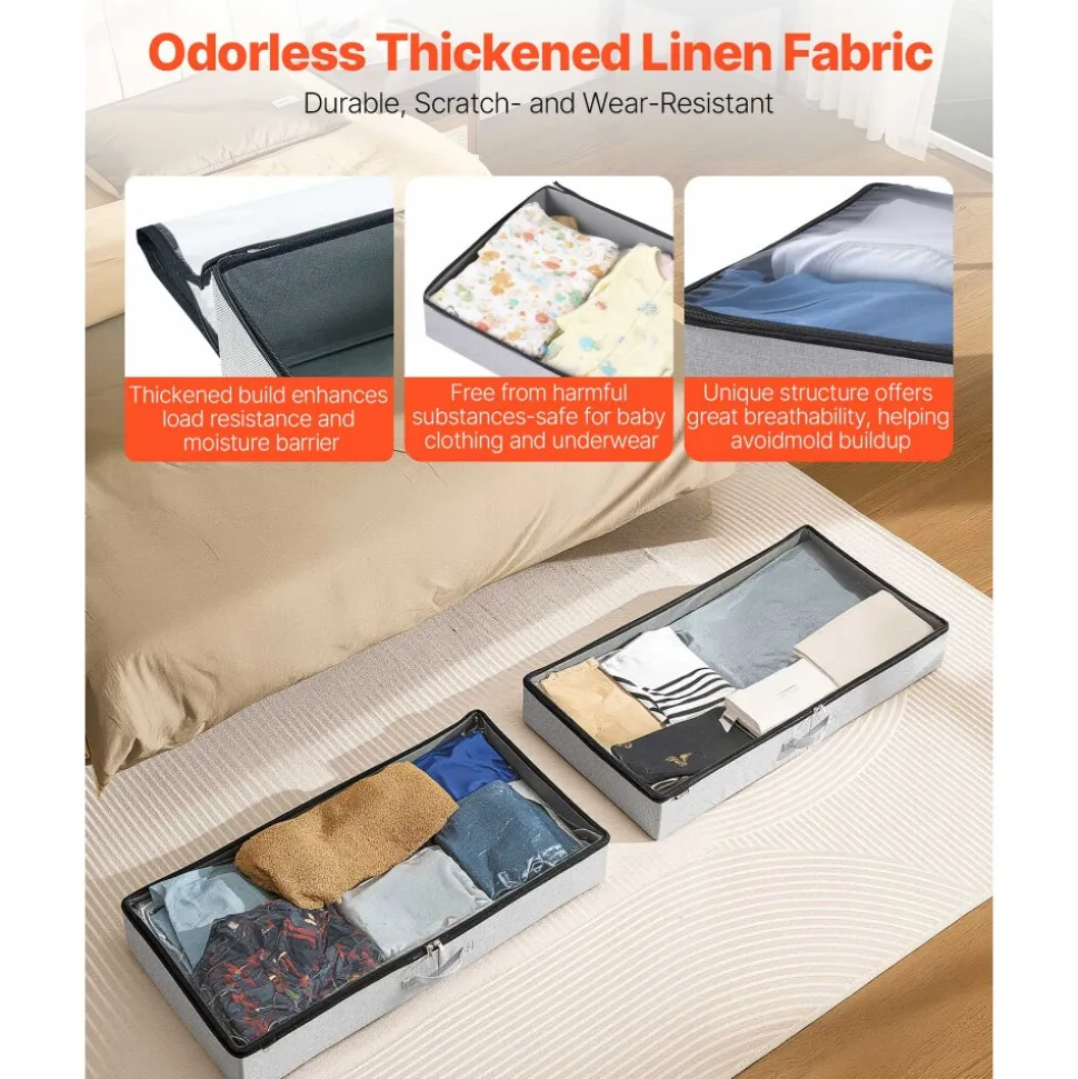 VEVOR Under Bed Storage with Clear Lids, 33.5 x 16.9 x 4.7 Inch, 45L Large Underbed Clothes Storage Containers, Low Profile Under Bed Drawer Shoe Organizer Bins Box for Blanket Shoe Bedroom, 2 Pack